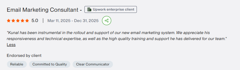 Upwork review: instrumental in the rollout and support of our new email marketing system, high quality training and support
