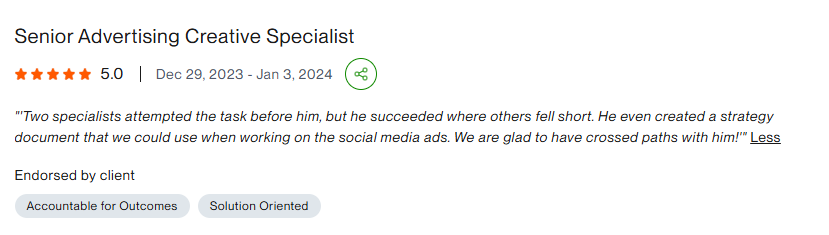 Upwork review: two specialists attempted the task before him, but he succeeded where others fell short