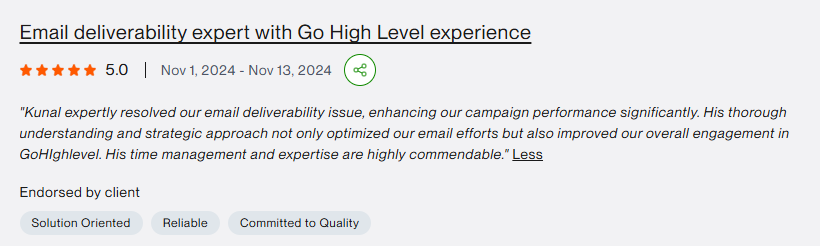 Upwork review: expertly resolved our email deliverability issue, enhancing campaign performance significantly
