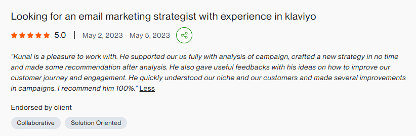 Upwork review: Klaviyo strategist, crafted a new strategy in no time, I recommend him 100%