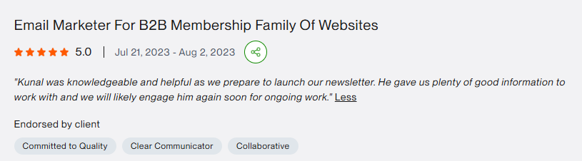 Upwork review: knowledgeable and helpful as we prepare to launch our newsletter
