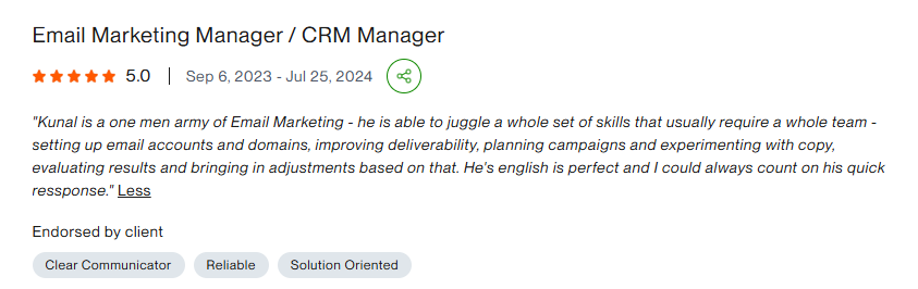 Upwork review: Kunal is a one man army of Email Marketing, able to juggle a whole set of skills that usually require a whole team