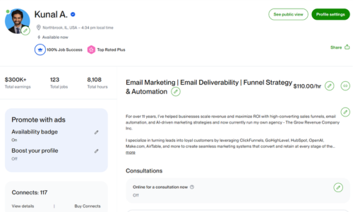 Kunal Arora's Upwork profile: $300K+ total earnings, 123 jobs, 8,108 hours, 100% Job Success, Top Rated Plus